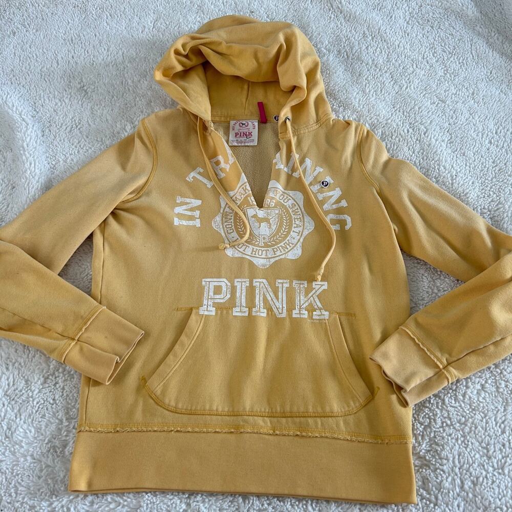 VTG Y2K Victoria's Secret PINK Hoodie Yellow V-Neck Graphic Print College Preppy - Picture 2 of 6